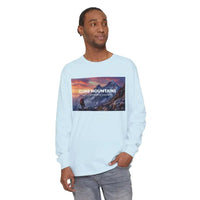 Light blue long-sleeve T-shirt featuring a scenic mountain graphic for outdoor enthusiasts