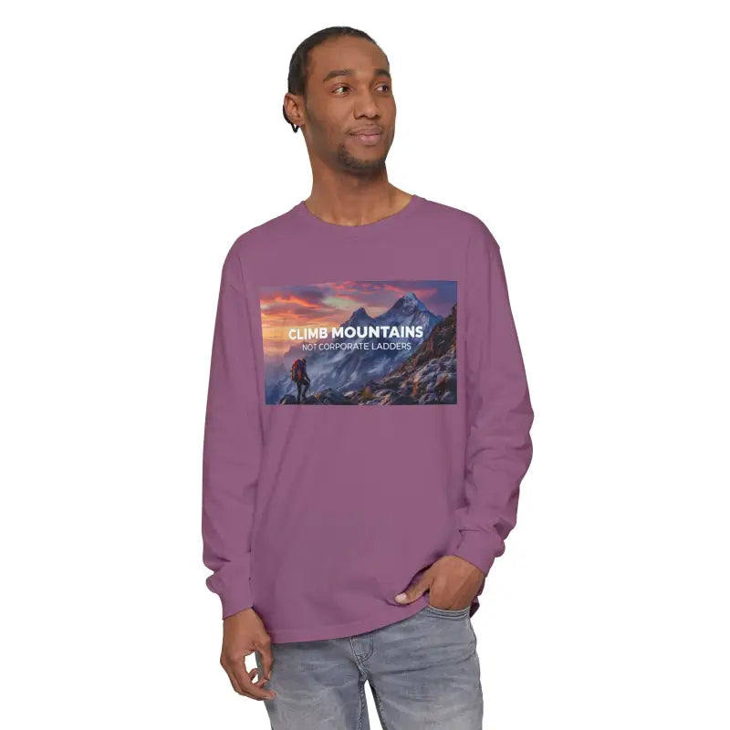 Man wearing Scenic Mountain Graphic Long Sleeve T Shirt with mountain design in purple