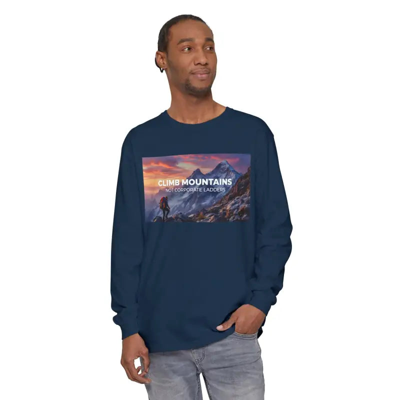 Navy blue long-sleeve T-shirt with mountain climbing graphic from Scenic Mountain Graphic Long Sleeve T Shirts collection