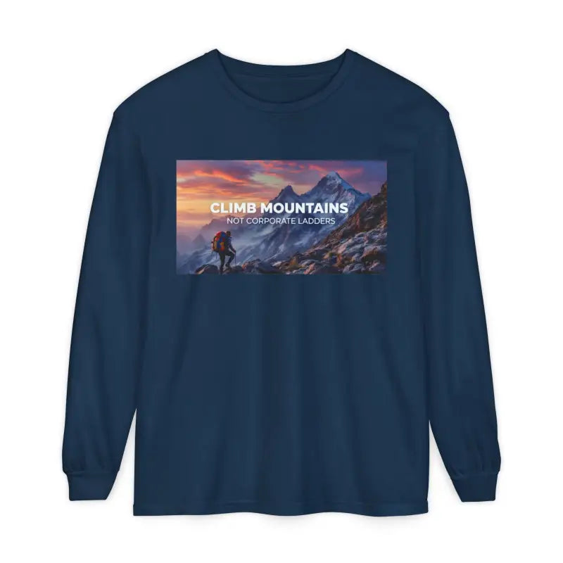 Navy blue long-sleeved crew-neck T-shirt with scenic mountain graphic for outdoor enthusiasts