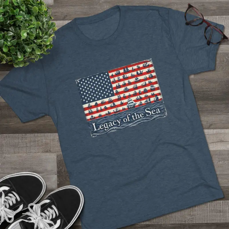 Blue Sea Legacy Unisex Nautical Flag T Shirt featuring American flag and ship design