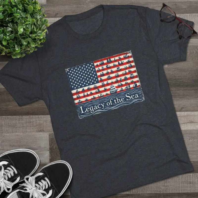 Gray Sea Legacy Unisex Nautical Flag T Shirt featuring American flag and ship design