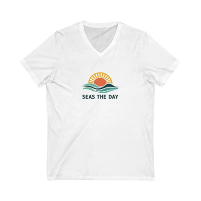 White v-neck t-shirt from Seas The Day for beach and casual wear