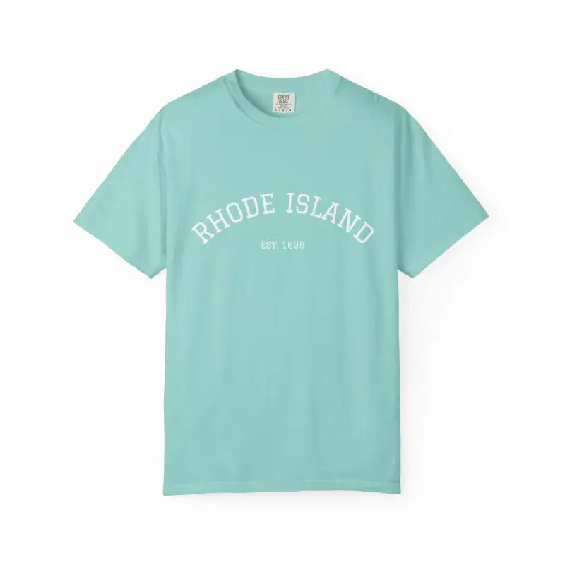 Light green short-sleeved crew neck T-shirt with Rhode Island Est 1636 print