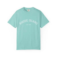 Light green short-sleeved crew neck T-shirt with Rhode Island Est 1636 print
