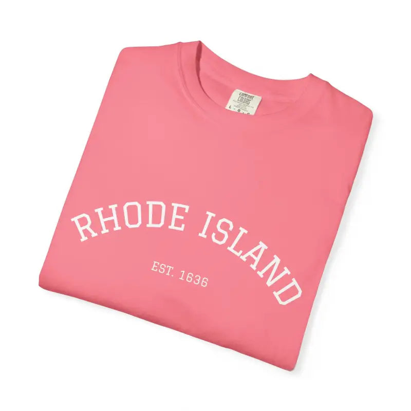 Salmon pink short sleeve crew neck t-shirt with Rhode Island Est 1636 print