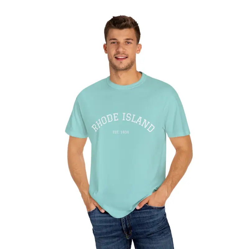 Man wearing a light blue T-shirt and blue jeans from Short Sleeve Crew Neck T Shirts collection