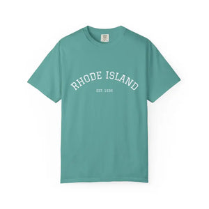 Teal short-sleeve crew neck t-shirt with Rhode Island Est 1636 print front view