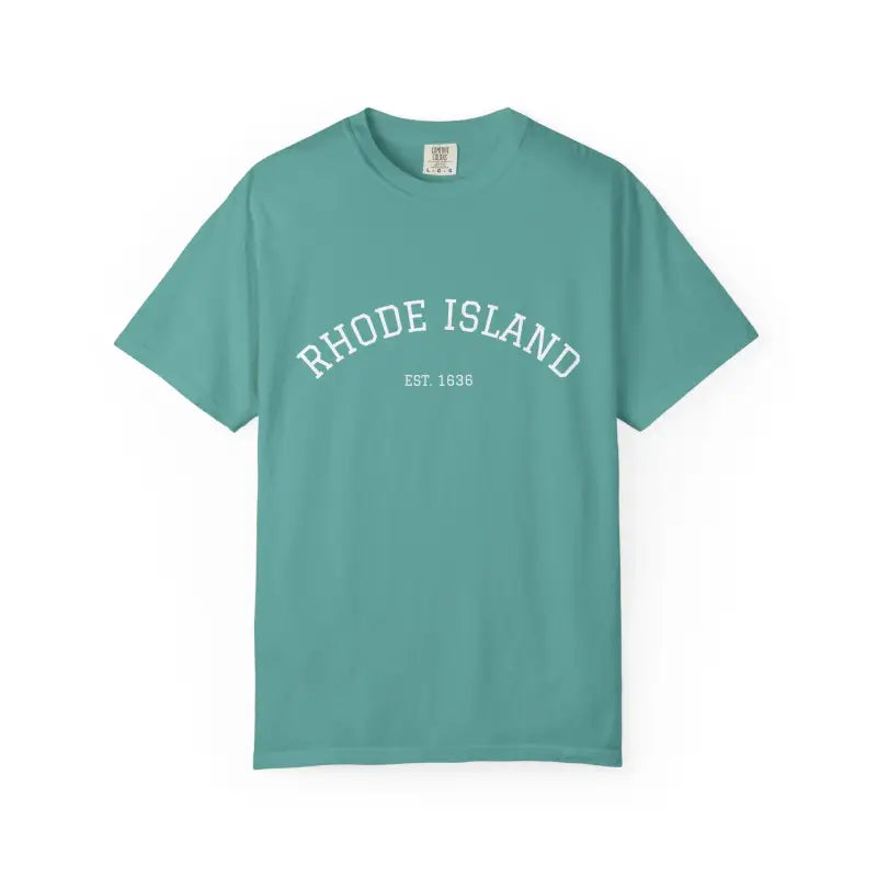 Teal short-sleeve crew neck t-shirt with Rhode Island Est 1636 print front view