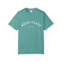 Teal short-sleeve crew neck t-shirt with Rhode Island Est 1636 print front view
