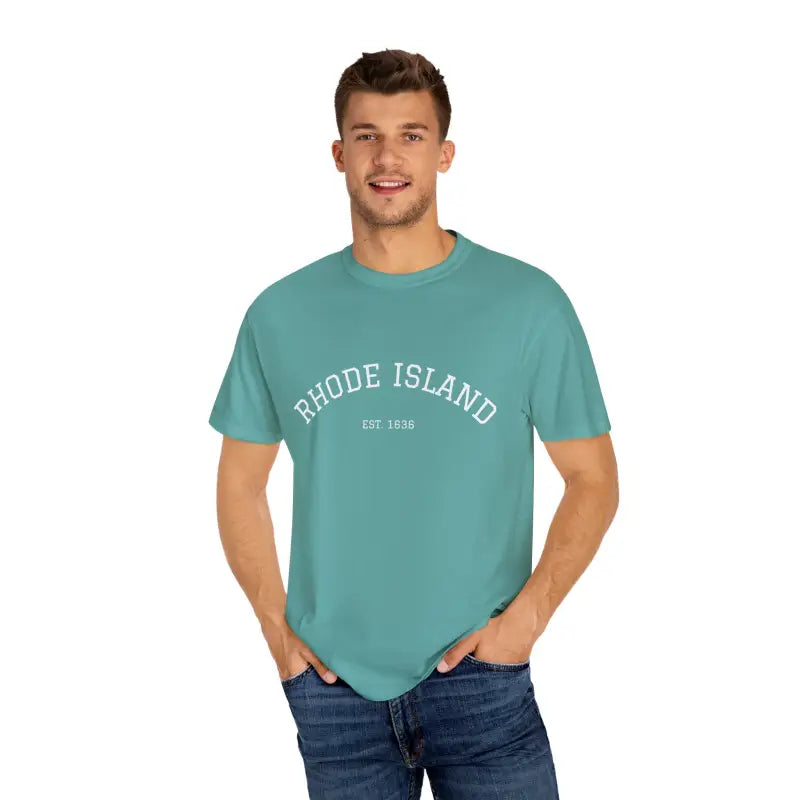 Men’s teal short-sleeve crew neck T-shirt with Rhode Island Est 1636 print