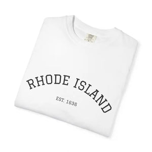 White short sleeve crew neck T-shirt with Rhode Island Est 1636 print front view