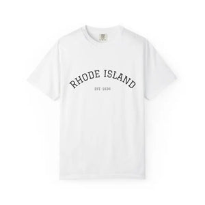 White short-sleeved crew neck t-shirt with Rhode Island Est 1636 print on chest