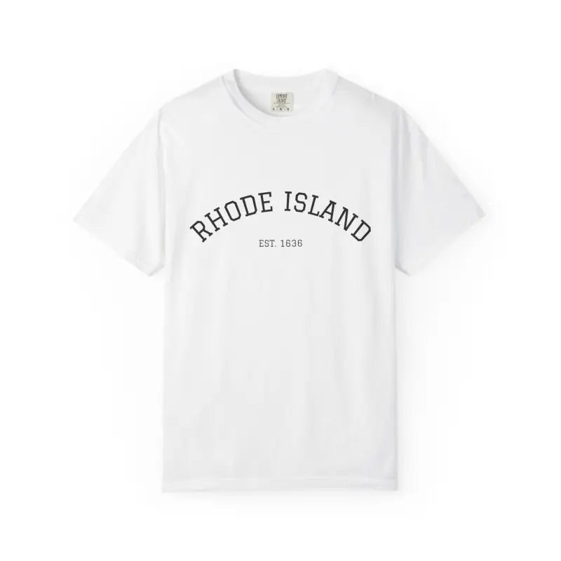 White short-sleeved crew neck t-shirt with Rhode Island Est 1636 print on chest