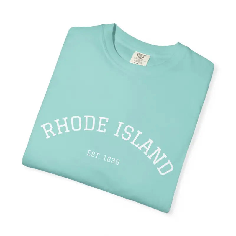 Folded mint green short sleeve crew neck T-shirt with Rhode Island EST 1836 text