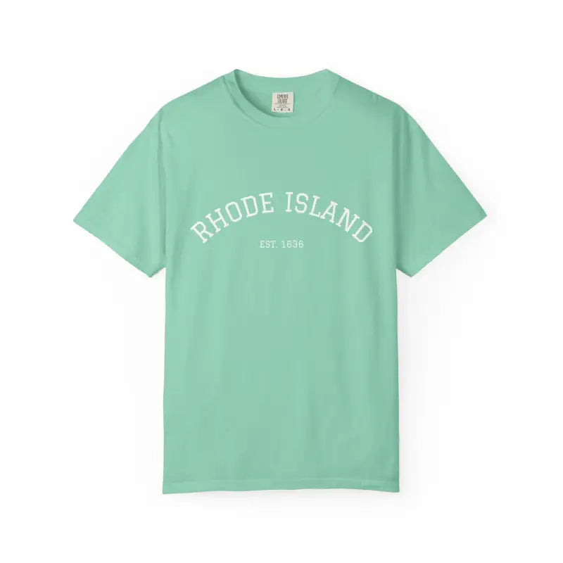 Light green short-sleeved crew neck T-shirt with RHODE ISLAND EST 1636 in white text