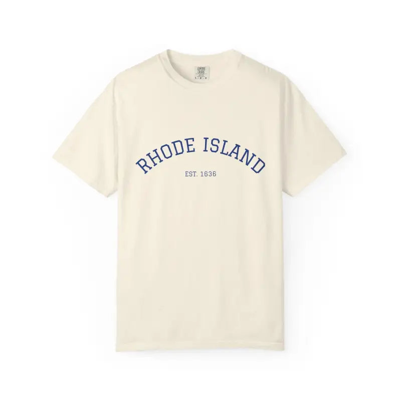 Cream-colored T-shirt with Rhode Island Established 1636 printed in blue, short sleeve crew neck style