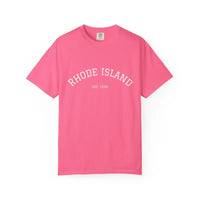 Pink short-sleeved crew neck T-shirt with Rhode Island EST 1836 printed on front