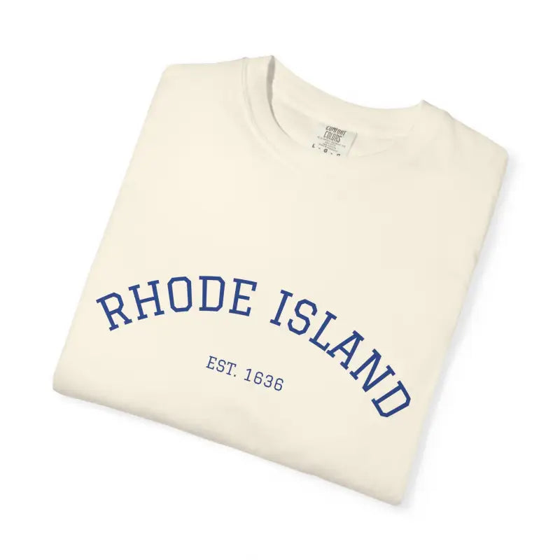 Cream-colored sweatshirt with Rhode Island Est 1636 printed in blue, displayed in product images