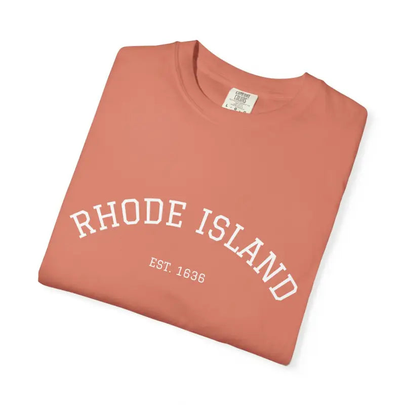 Folded terracotta-colored short sleeve crew neck T-shirt displayed in product lineup