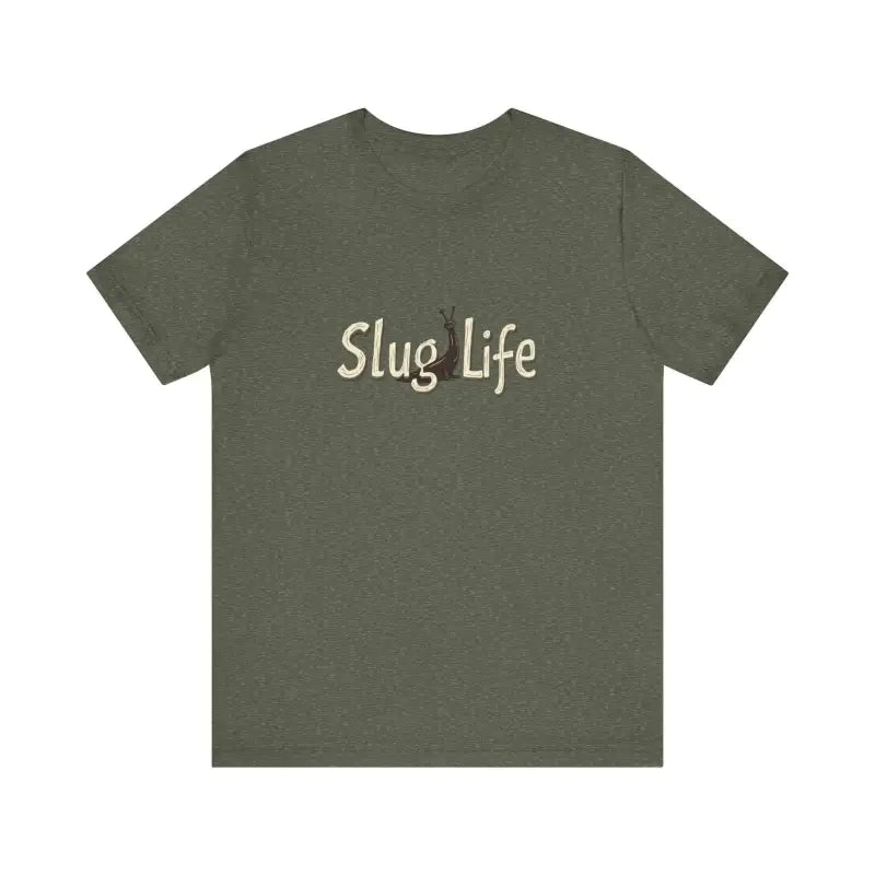 Olive green unisex classic tee shirt featuring Slug Life text for casual wear