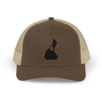 Brown mesh trucker hat with black cat design on Snapback Trucker Cap
