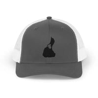 Charcoal gray and white Snapback Trucker Cap with black silhouette design