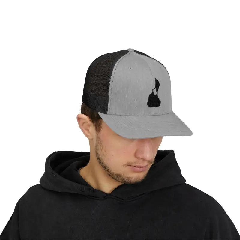 Black and gray Snapback Trucker Cap with small white front logo