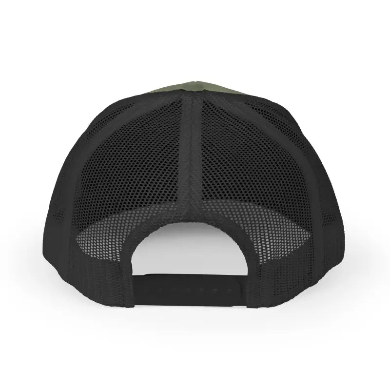 Black mesh trucker Snapback Cap with olive green panel and adjustable strap