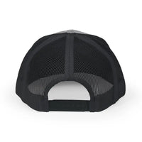 Black mesh trucker snapback cap with adjustable strap and curved brim
