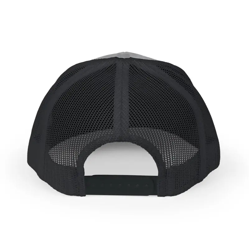 Black mesh trucker snapback cap with adjustable strap and curved brim