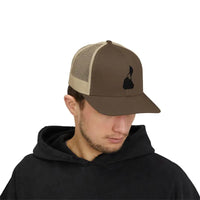 Brown and tan mesh Snapback Trucker Cap with black logo