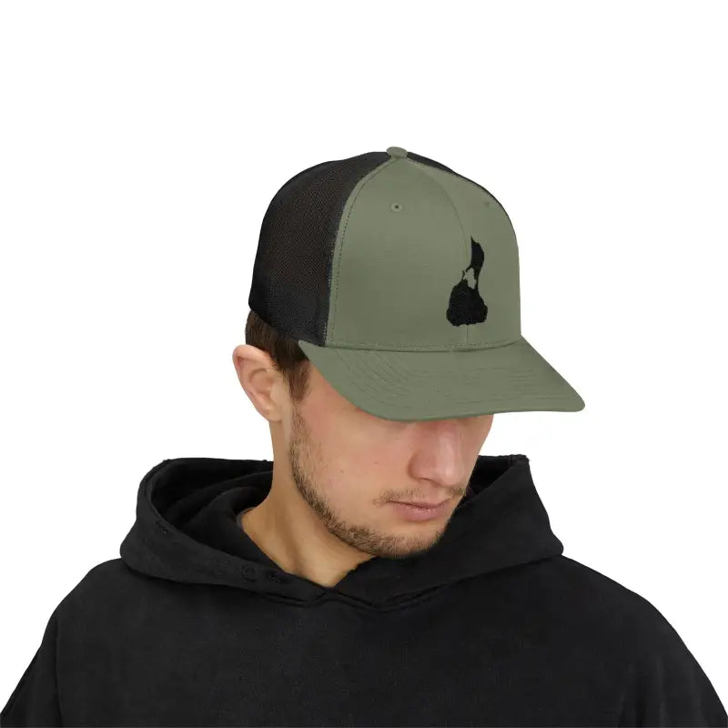 Olive green and black Snapback Trucker Cap with small skull design
