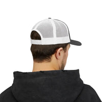 White mesh snapback trucker cap with black brim and strap
