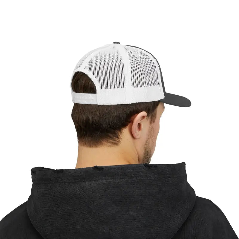 White mesh snapback trucker cap with black brim and strap