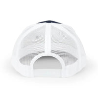 White mesh Snapback Trucker Cap with navy blue brim and logo