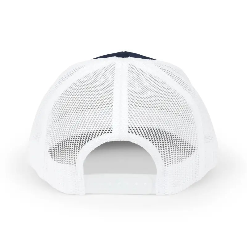 White mesh Snapback Trucker Cap with navy blue brim and logo