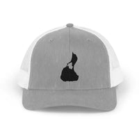 Gray and white Snapback Trucker Cap with black silhouette design