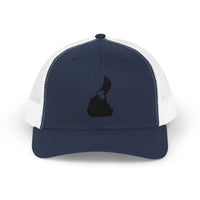 Navy blue and white Snapback Trucker Cap with black cat silhouette and mesh back