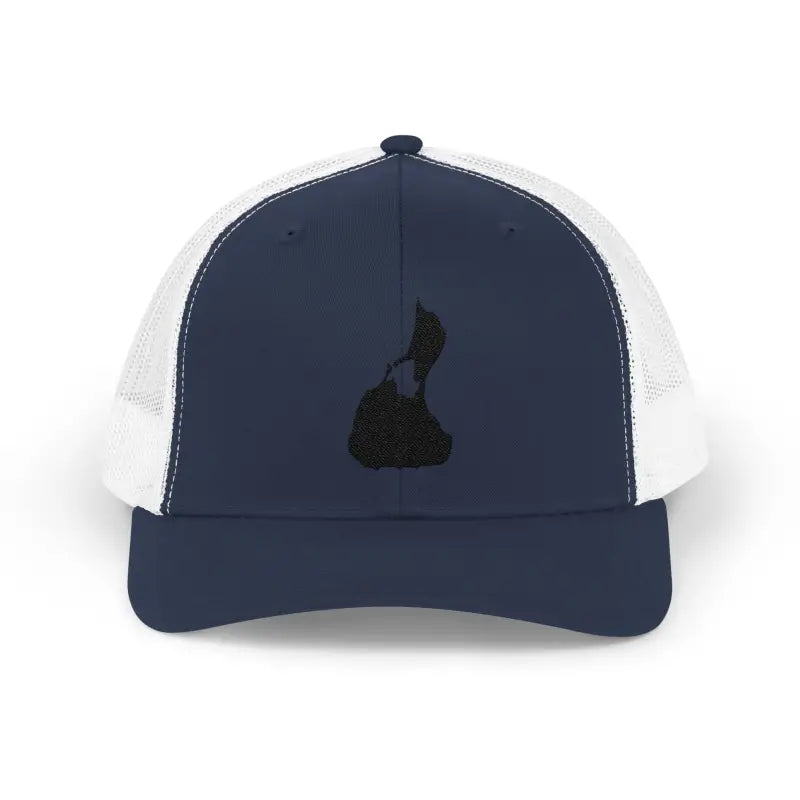 Navy blue and white Snapback Trucker Cap with black cat silhouette and mesh back