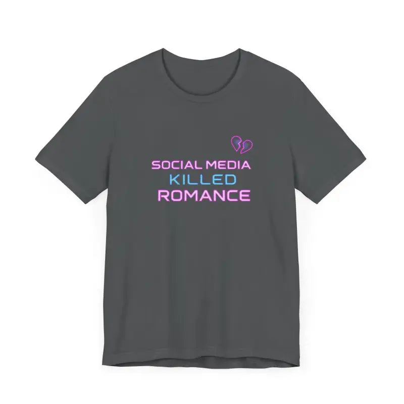 Gray unisex t-shirt featuring a broken heart graphic and text about social media’s impact