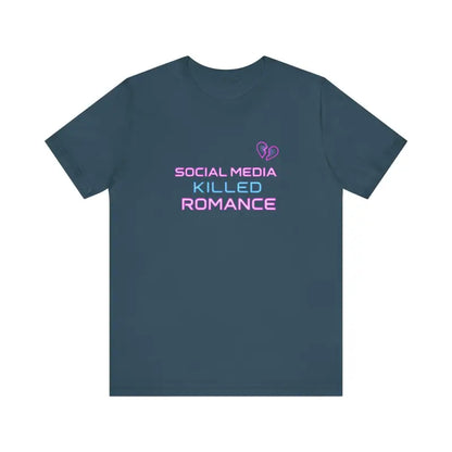 Dark blue t-shirt featuring Social Media Killed Romance graphic design for unisex wear