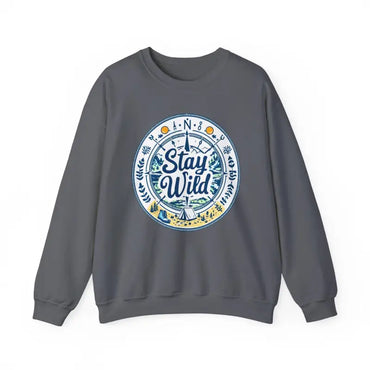 Gray sweatshirt featuring Stay Wild design for outdoor enthusiasts and nature lovers