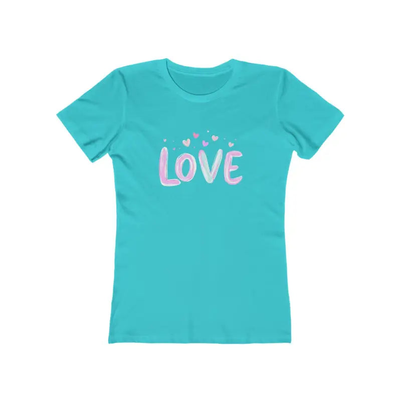 Turquoise t-shirt featuring Love graphic from Stylish Love Tee for Women collection