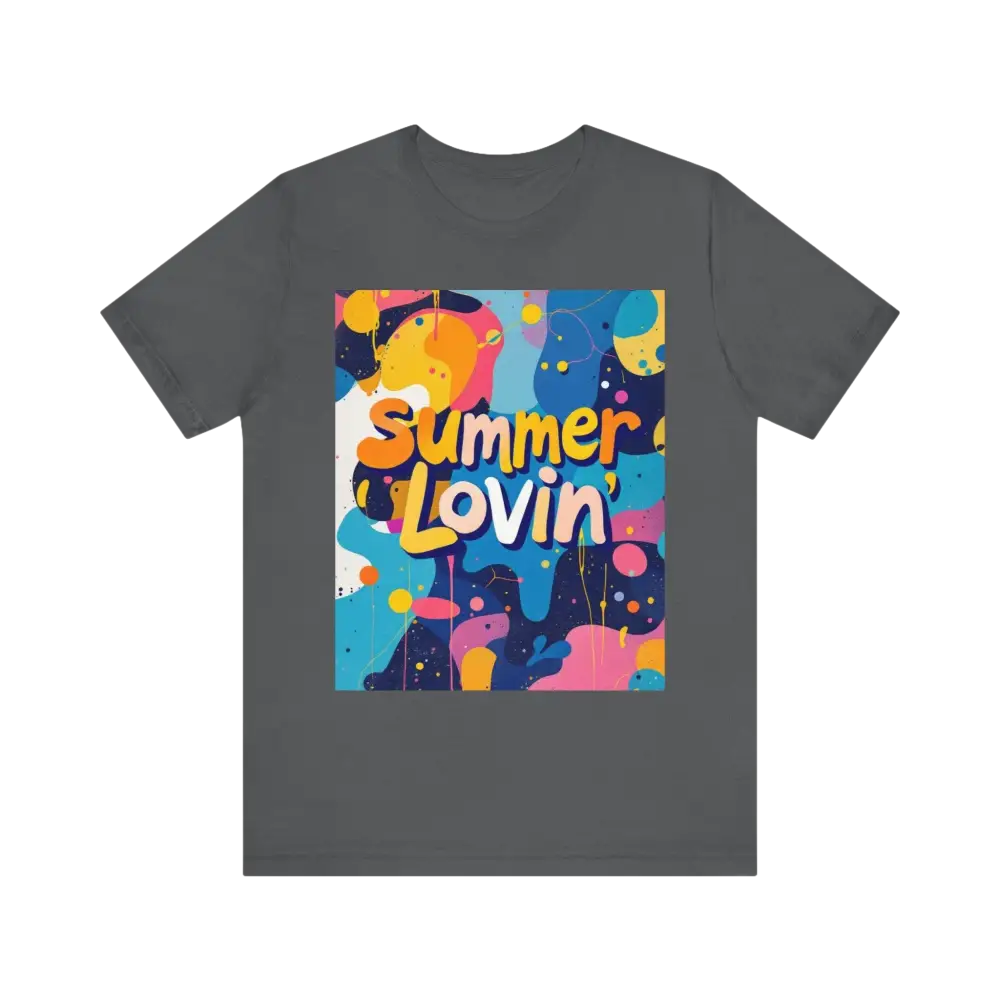 Gray t-shirt featuring colorful Summer Lovin design from Summer Lovin Unisex T-Shirt Collection