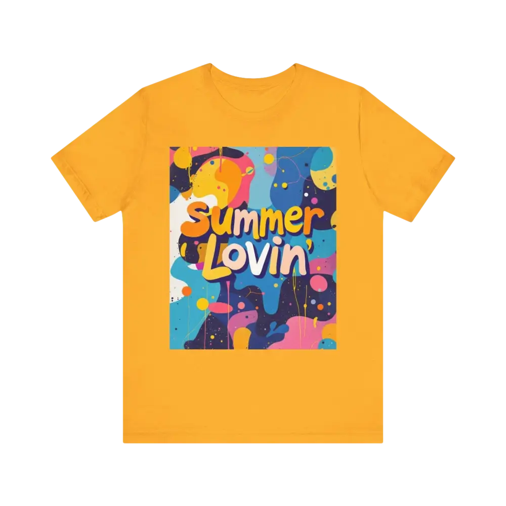 Gold T-shirt with vibrant graphic from Summer Lovin Unisex T-Shirt Collection