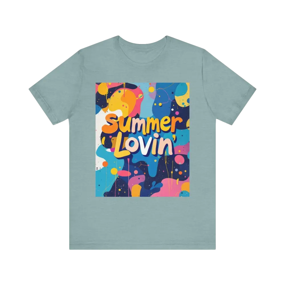Light blue Summer Lovin unisex t-shirt featuring a colorful design for summer fashion