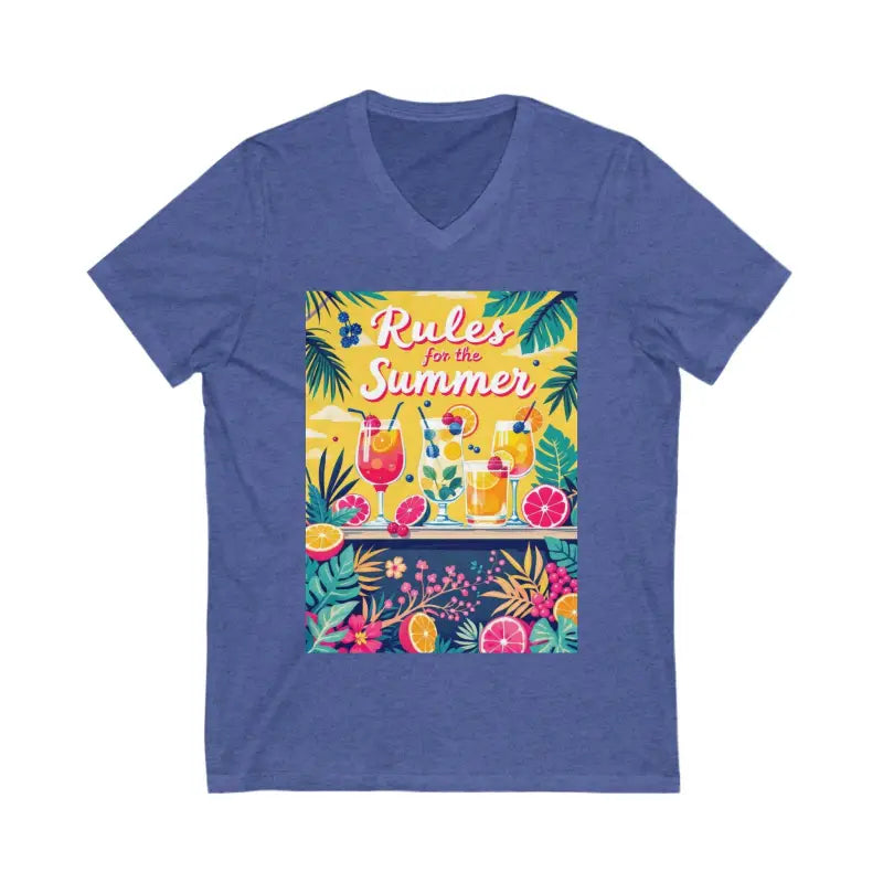 Blue V-neck t-shirt featuring a summer cocktail graphic for Summer Vibes collection