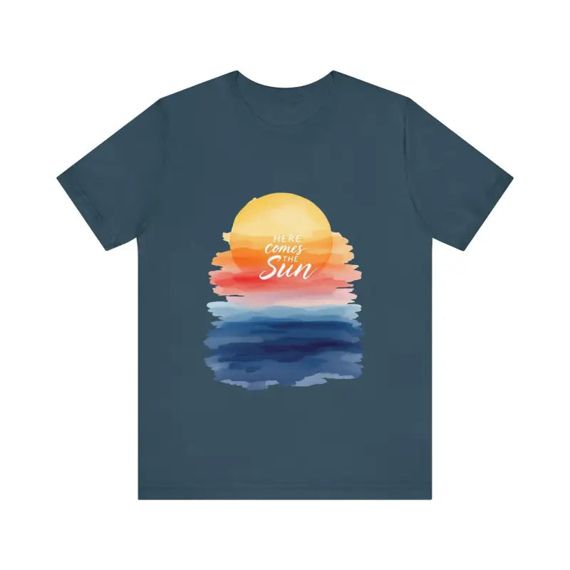 Blue T-shirt featuring a sun graphic from the Sun and Sunset Graphic T Shirts collection