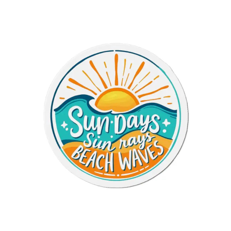 Circular beach sticker with sun, waves, and beach scene for decoration